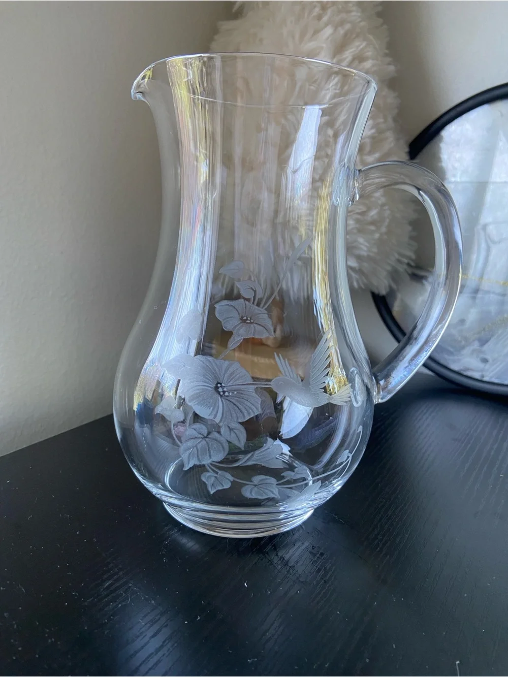 Vintage Avon Hummingbird Collection Crystal Glass Pitcher Etched Morning Glories